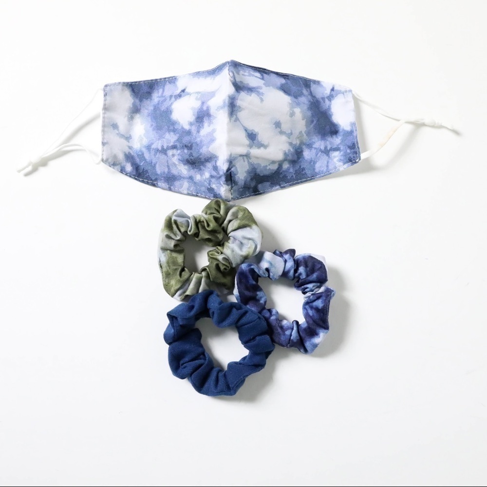 NEW Set of 1 tie-dye face mask and 3 scrunchies hair ties matching allergy covid